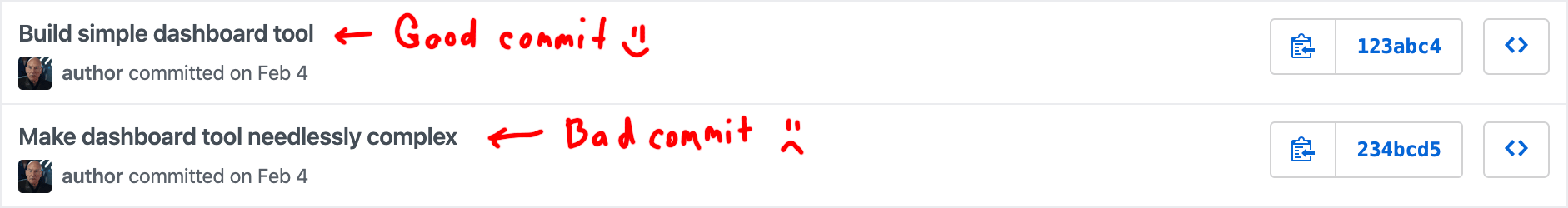 A screenshot of two commits, one good and one bad
