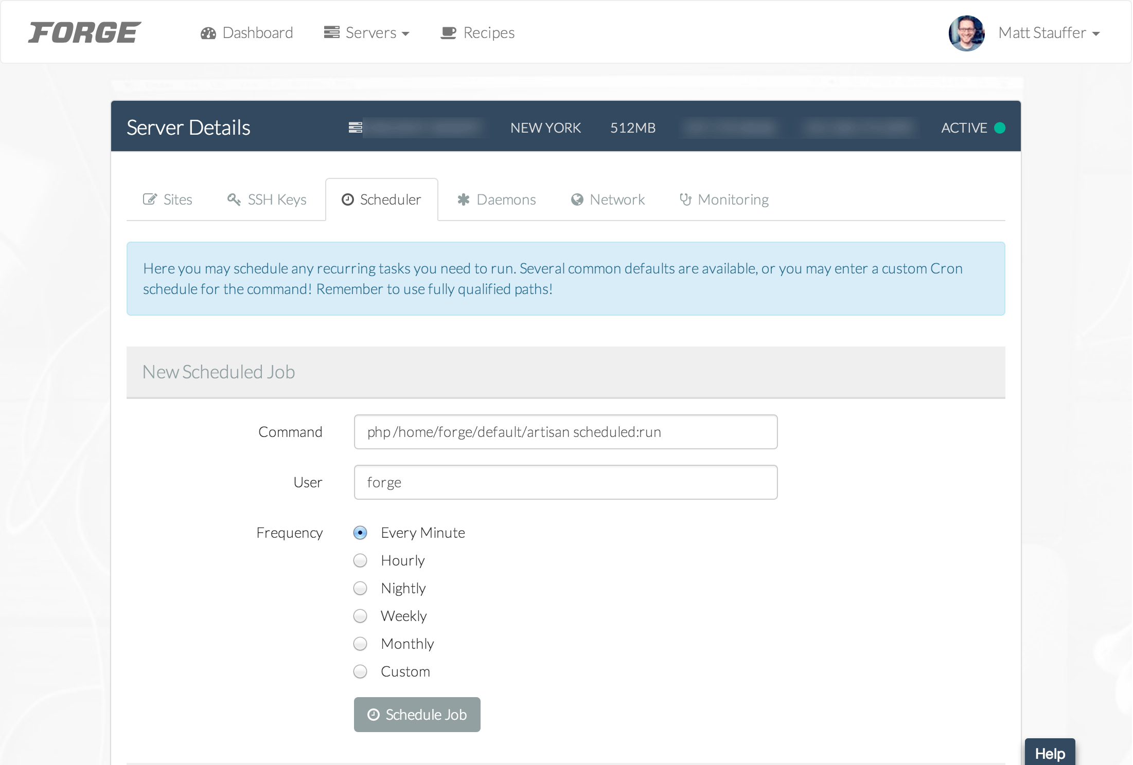 Laravel Forge Scheduling A Cron Job Mattstauffer Com